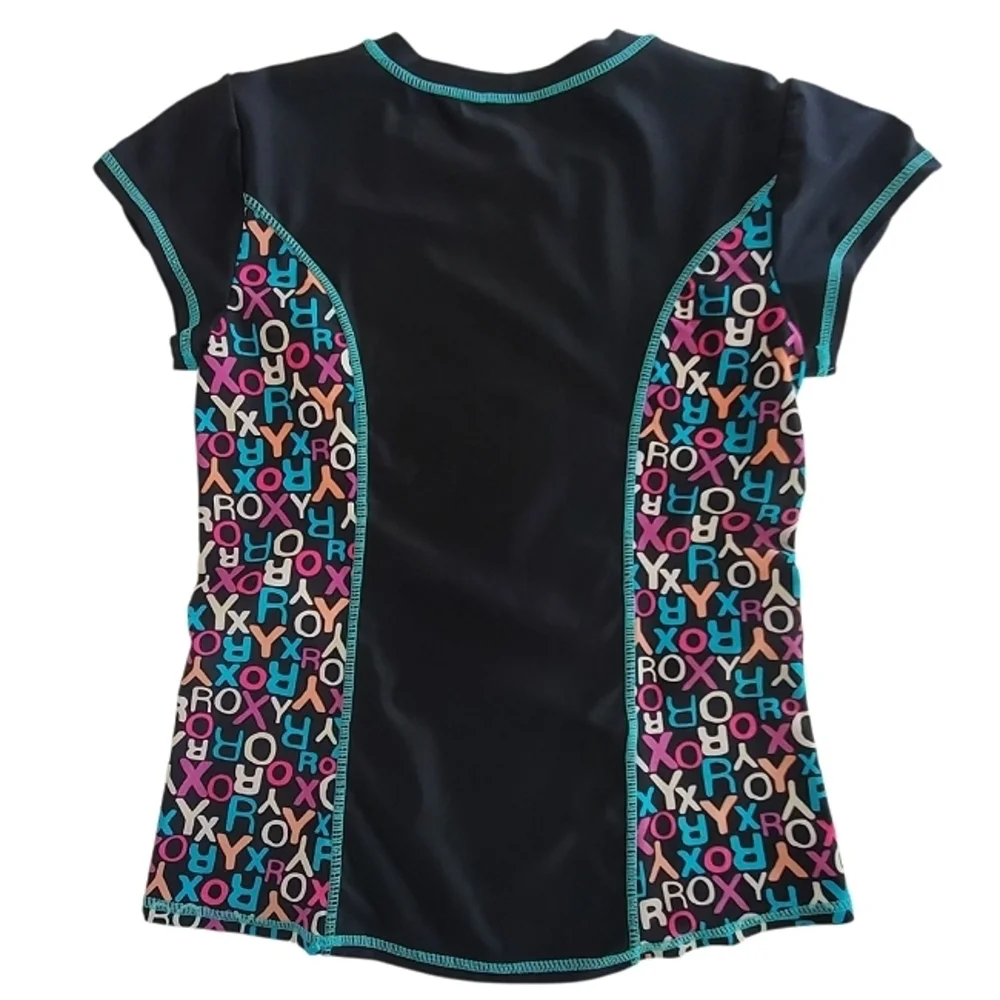 K1015 * Roxy Girls Short Sleeve Rash Guard Black Teal Size Unknown